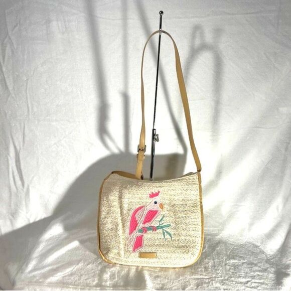 Vera Bradley Tan Straw Crossbody Bag with Pink Parrot Embroidery - Picture 1 of 10